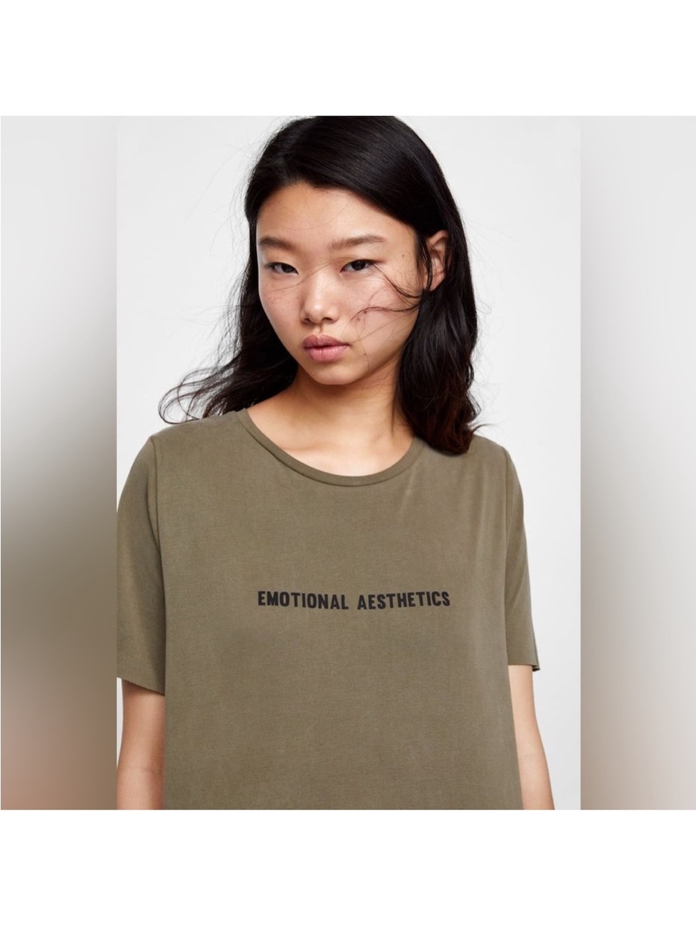 Zara Woman EMOTIONAL AESTHETICS Tee Medium Soft Shirt Top Olive Green Graphic T